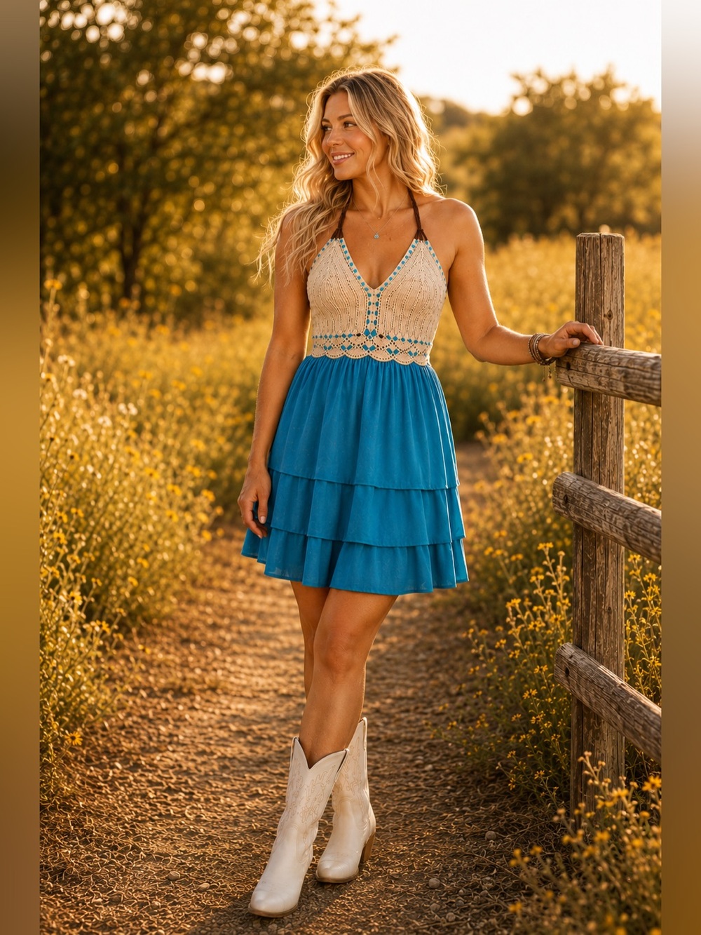 Shyanne NWT Turquoise Crochet Halter High Low Dress Boho Western L